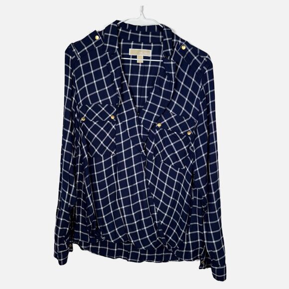 Michael Michael Kors Plaid Blouse Women’s L Navy White Gold Button Top Work - Picture 7 of 14